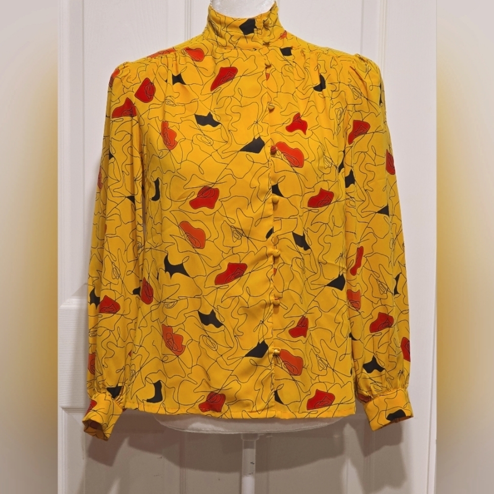 Ceo Abstract Marigold Yellow Burnt Orange Black High Neck Button Vintage Blouse